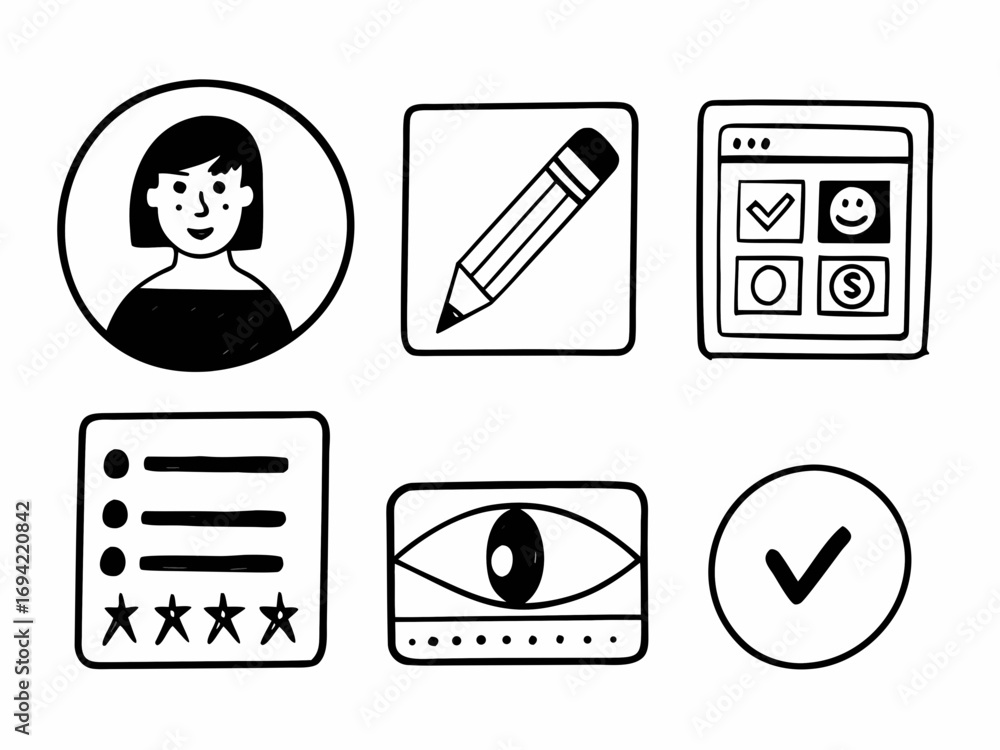 Poster collection of hand drawn doodle icons representing user profile writing survey feedback observation 