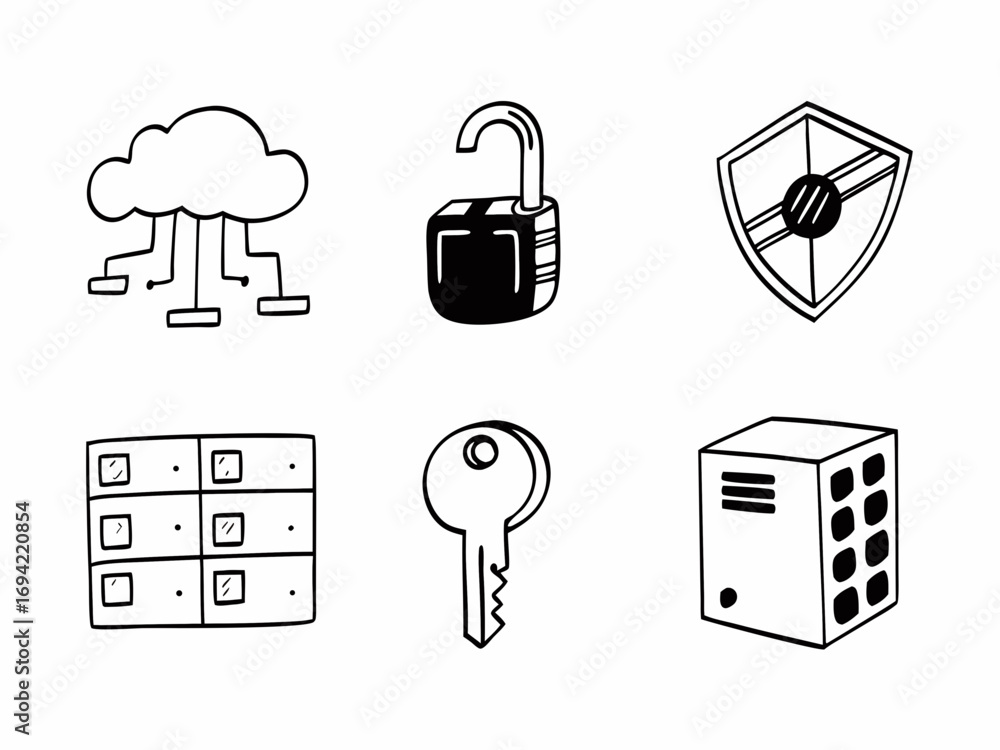 Poster collection of hand drawn icons representing cloud computing security data protection and access cont