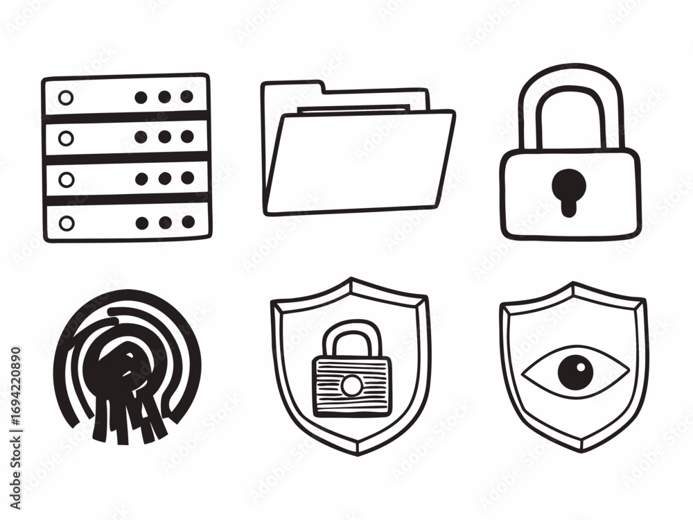 Poster collection of hand drawn icons representing cybersecurity concepts including data servers document f