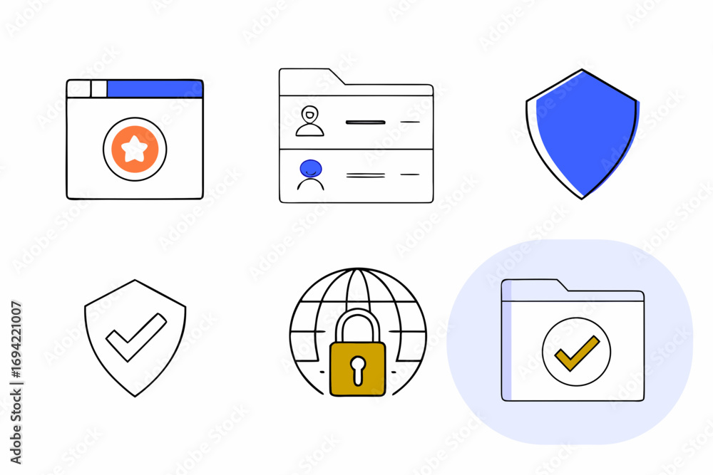 Poster collection of modern flat design icons representing security data protection user profiles and websi