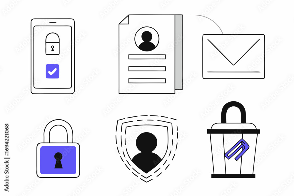 Aufkleber collection of modern flat icons representing digital security concepts including locked smartphone p
