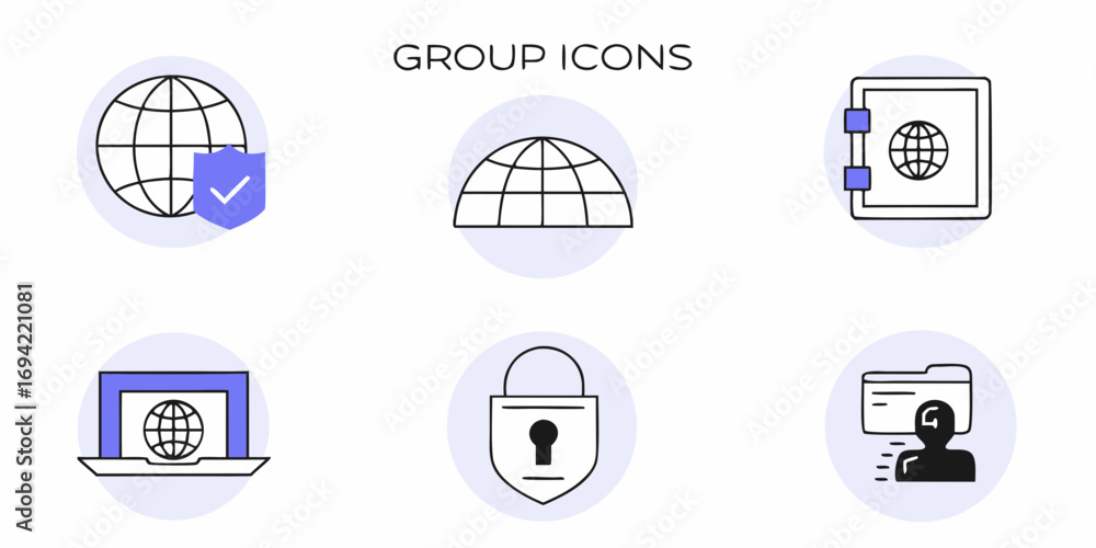 Aufkleber collection of modern flat line icons representing global security and data protection concepts for d