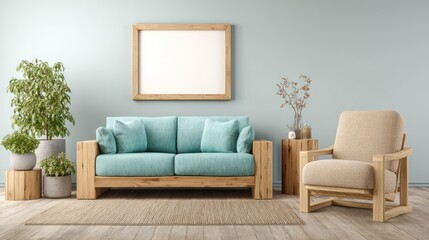 Modern Living Room with Blue Sofa Beige Armchair and Potted Plants in Minimalist Interior