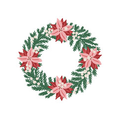 Christmas wreath of pine branches with red and pink poinsettia flowers and white berries. Hand drawn vector isolated illustration. Winter holiday decoration. Design for greeting card, invitation