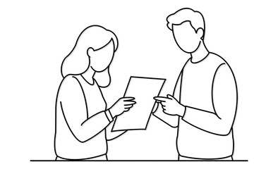 資料を確認しながら話す男女のイラストアイコン