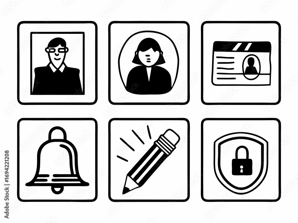 Poster collection of six simple black and white icons representing user profile identification notification