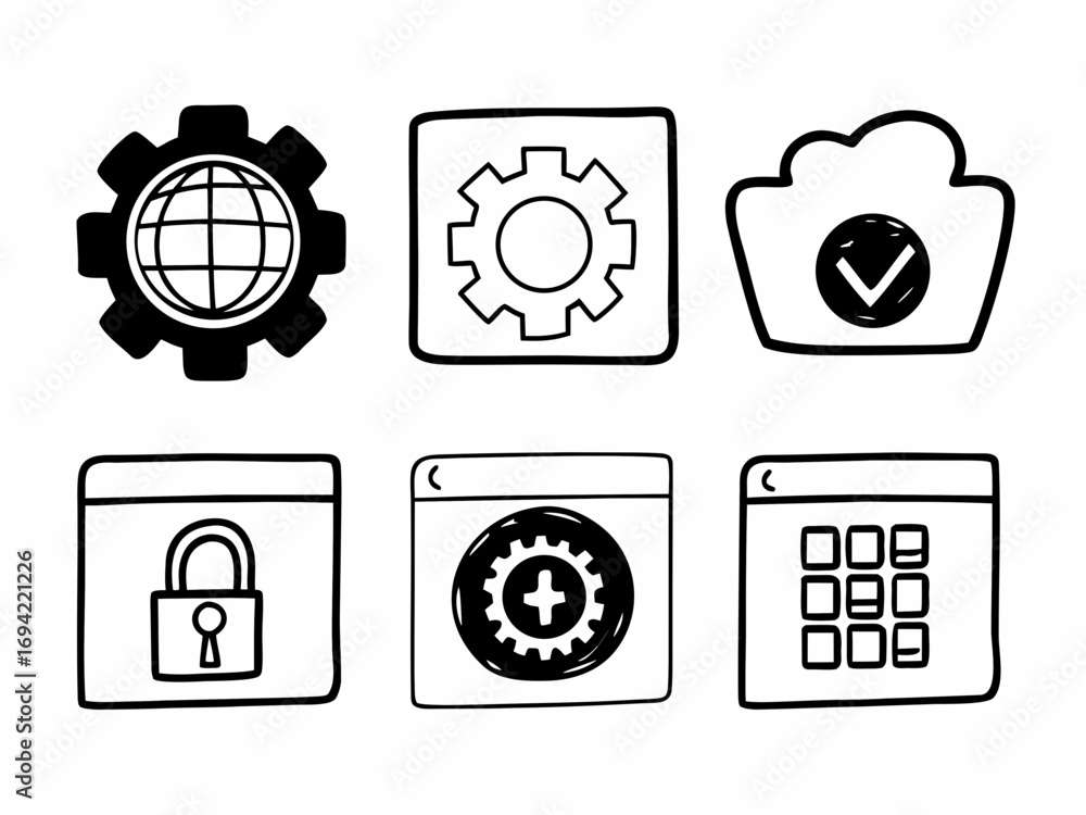 Poster collection of six simple hand drawn doodle icons representing settings security cloud and applicatio