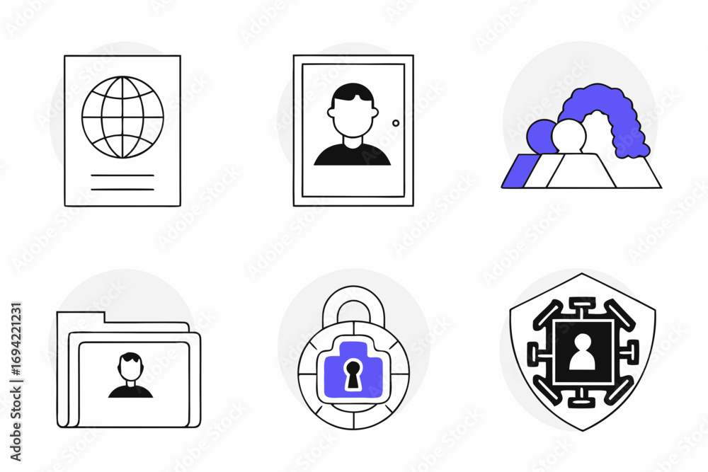 Aufkleber collection of six simple line art icons representing personal identification documents data security
