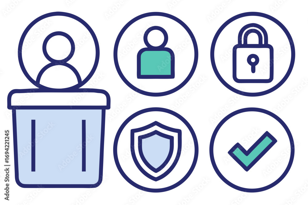 Poster collection of user icons representing profiles security privacy and verification for digital service
