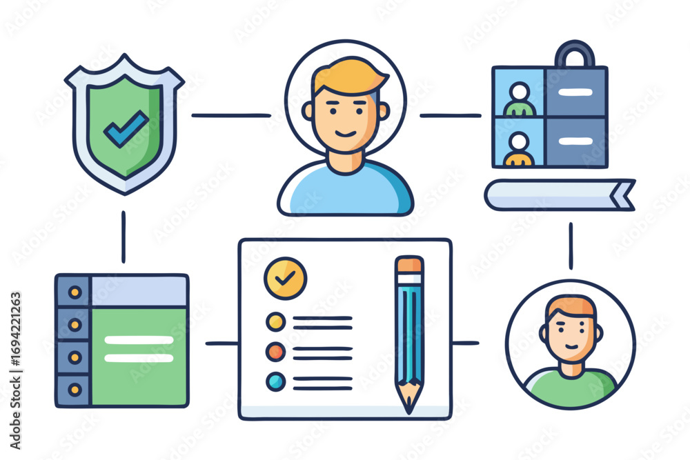 Poster conceptual diagram illustrating a secure online process involving user verification task completion 