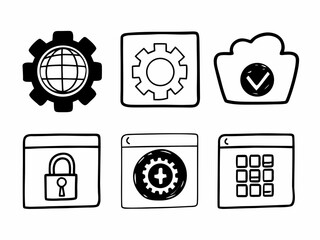 Fototapeta premium Collection of six simple hand drawn doodle icons representing settings security cloud and application interface elements