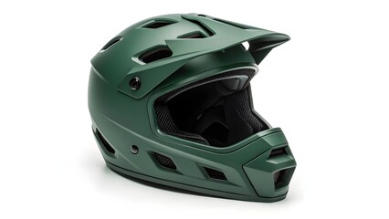 Fototapeta premium Full-face dark green bicycle helmet for downhill or enduro riding, isolated on a clean white studio background. An excellent product mockup for showcasing sports branding and logos