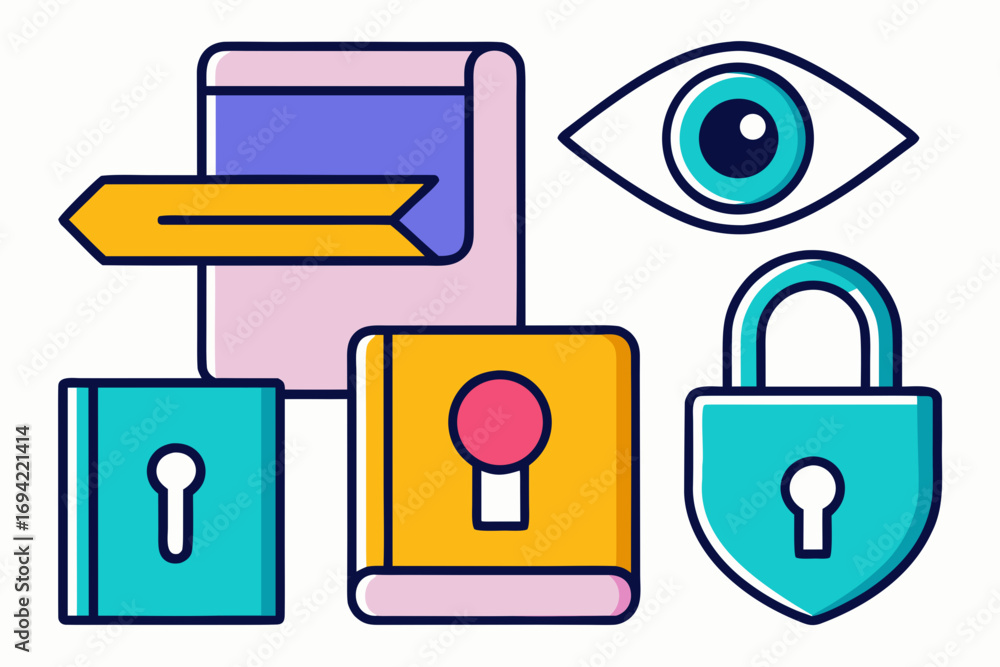 Poster conceptual illustration of data security and privacy protection with icons representing access contr