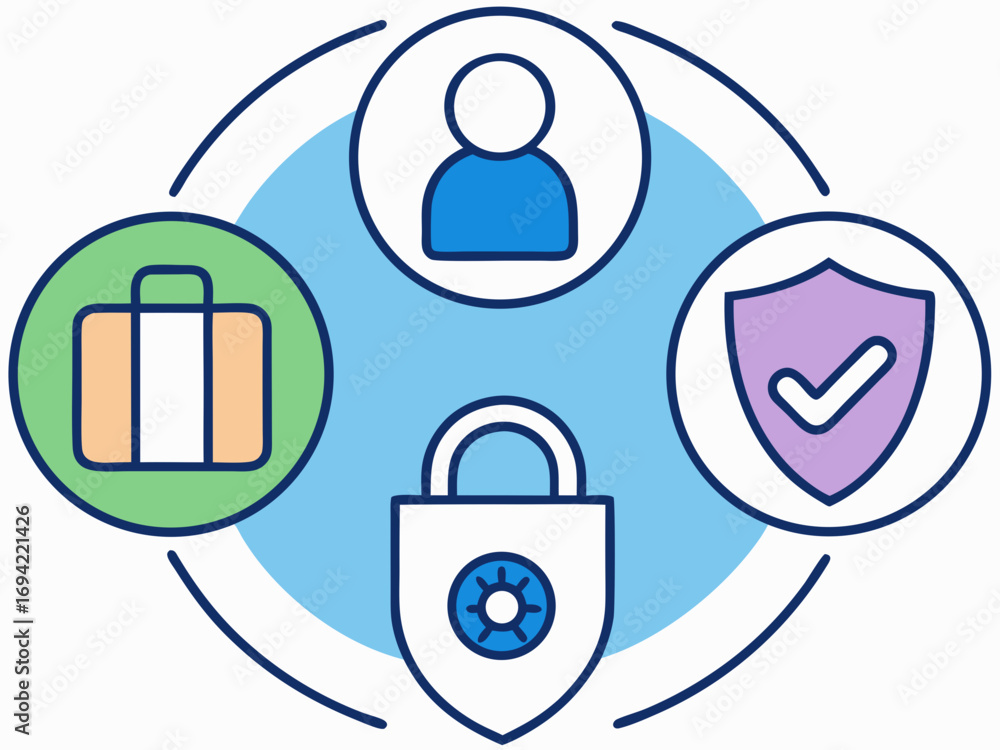 Poster conceptual illustration of personal data security and protection with icons representing a person lu