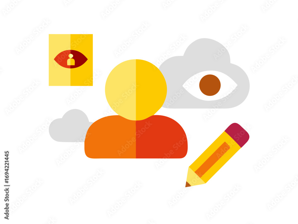 Poster conceptual illustration representing a person s journey of observation learning and creative writing
