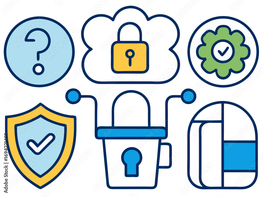 Poster cybersecurity and data protection concepts illustrated with icons including a question mark cloud lo