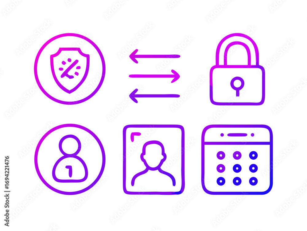 Aufkleber cybersecurity and personal data protection icons including a shield with virus arrows lock user prof
