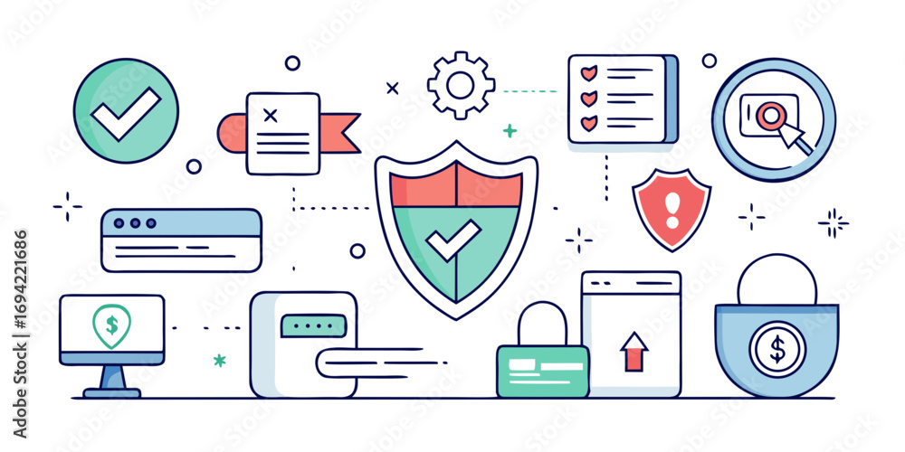 Poster digital security and data protection concept with icons representing online safety privacy and secur