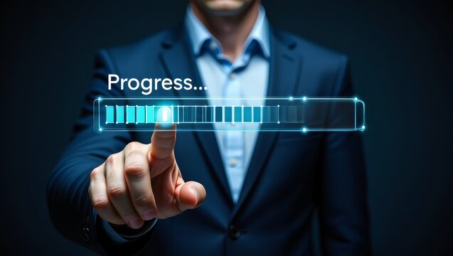 Understanding progress concept with loading bar and business man in suit concept