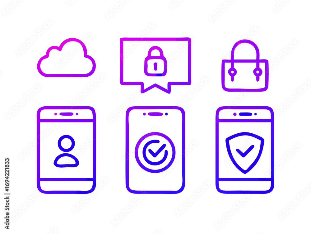 Poster digital security and privacy icons including cloud storage locked message secure bag user profile ve