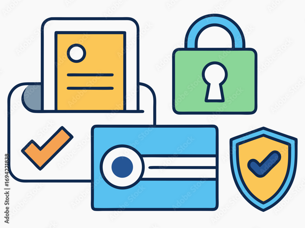Poster digital security and privacy icons representing secure documents a locked padlock credit card protec