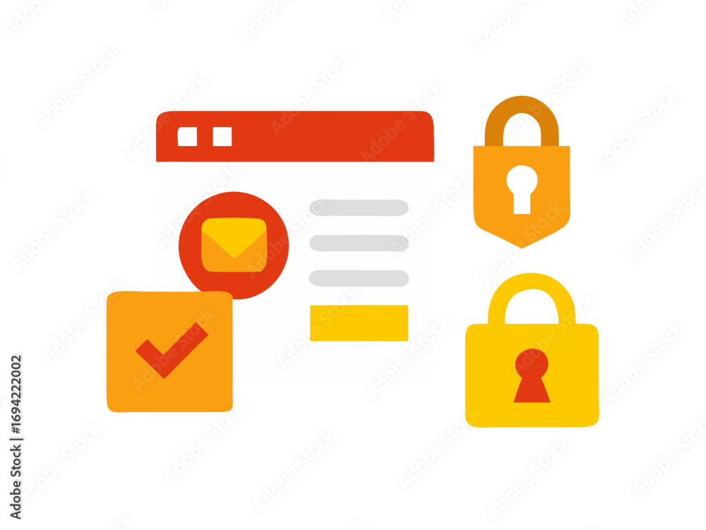 Poster digital security concept with email icon checkmark and two padlocks representing data protection and