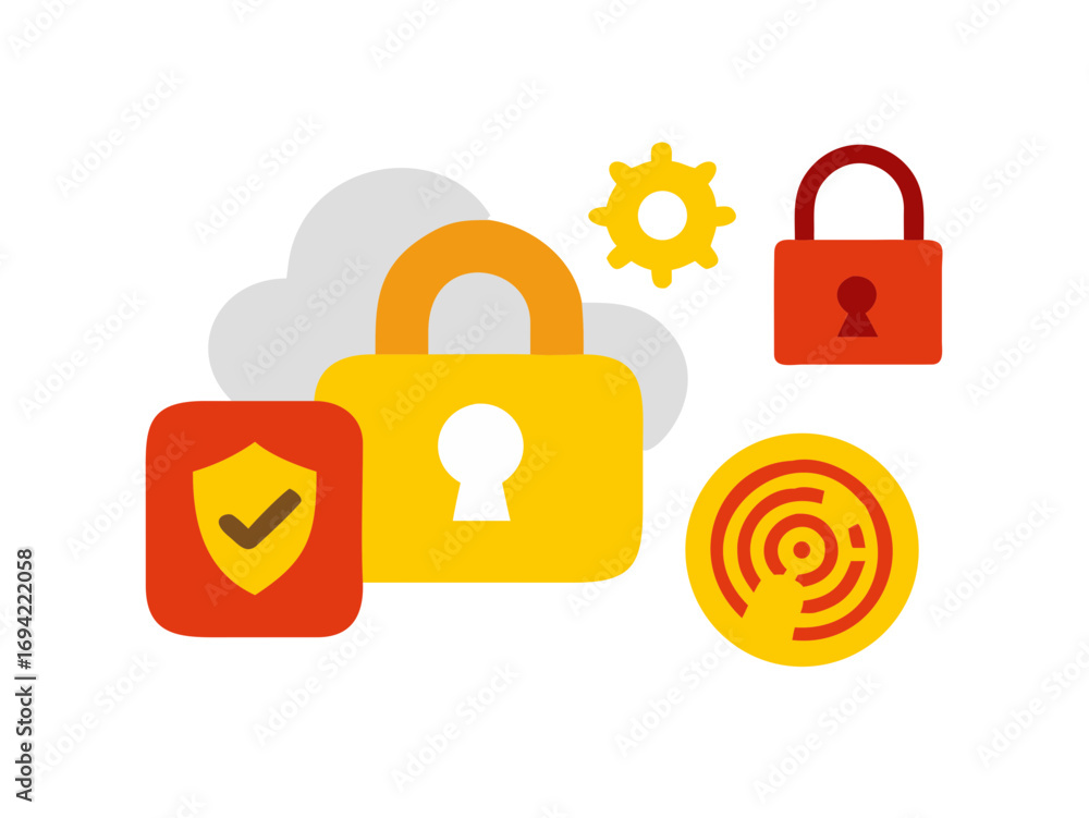 Aufkleber digital security concept with multiple locks cloud icon gear symbol shield with checkmark and target
