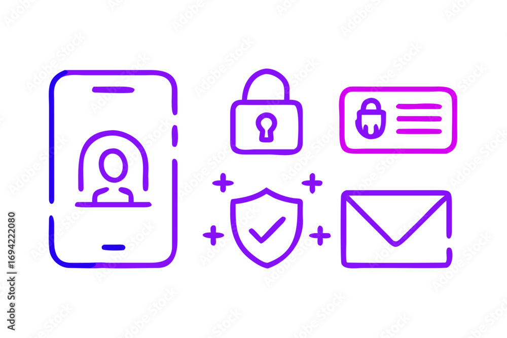 Poster digital security icons including a user profile on a smartphone a padlock an id card a shield with a