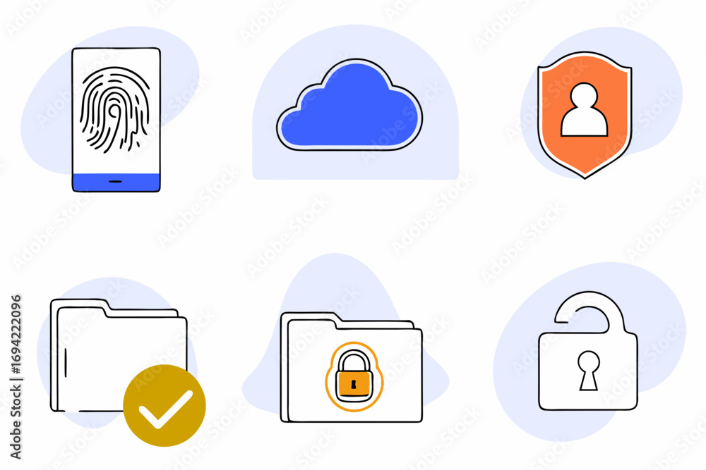 Aufkleber digital security icons including fingerprint scan on phone cloud storage personal data protection fo