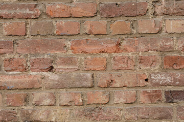 High-resolution image of a rustic red brick wall, perfect for backgrounds, textures, and design projects.  Adds a vintage, aged feel.
