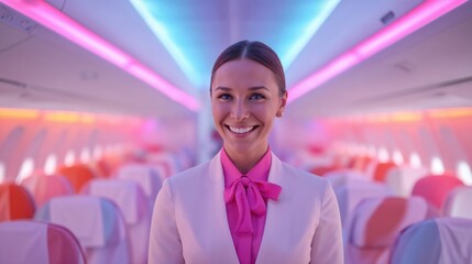 Smiling flight attendant in pink uniform standing in modern airplane cabin with colorful neon lighting and passenger seats background