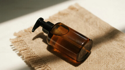 Amber Glass Pump Bottle with Neutral Tones and Burlap Fabric and copy space. mock up. skin care. cosme. perfume.