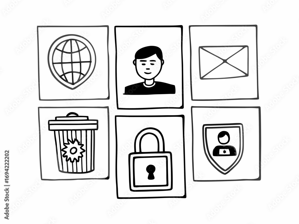 Aufkleber drawn icons representing online security privacy and data protection with a user profile and trash c