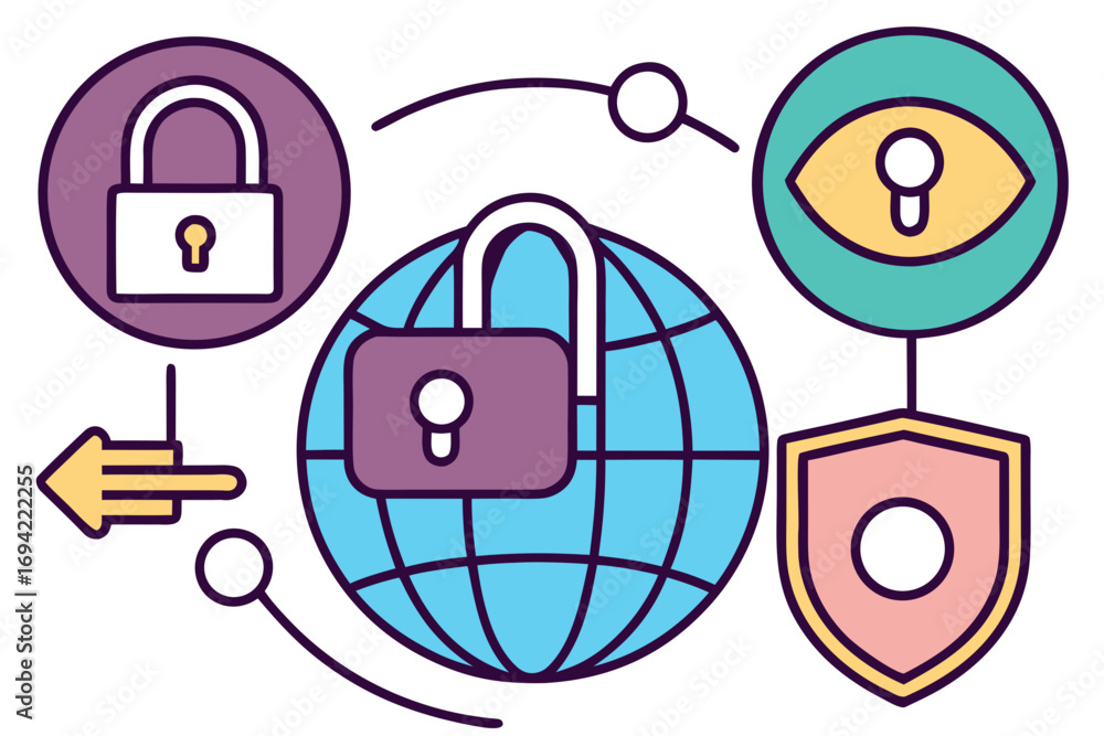 Poster global network security concept with interconnected icons representing data protection surveillance 