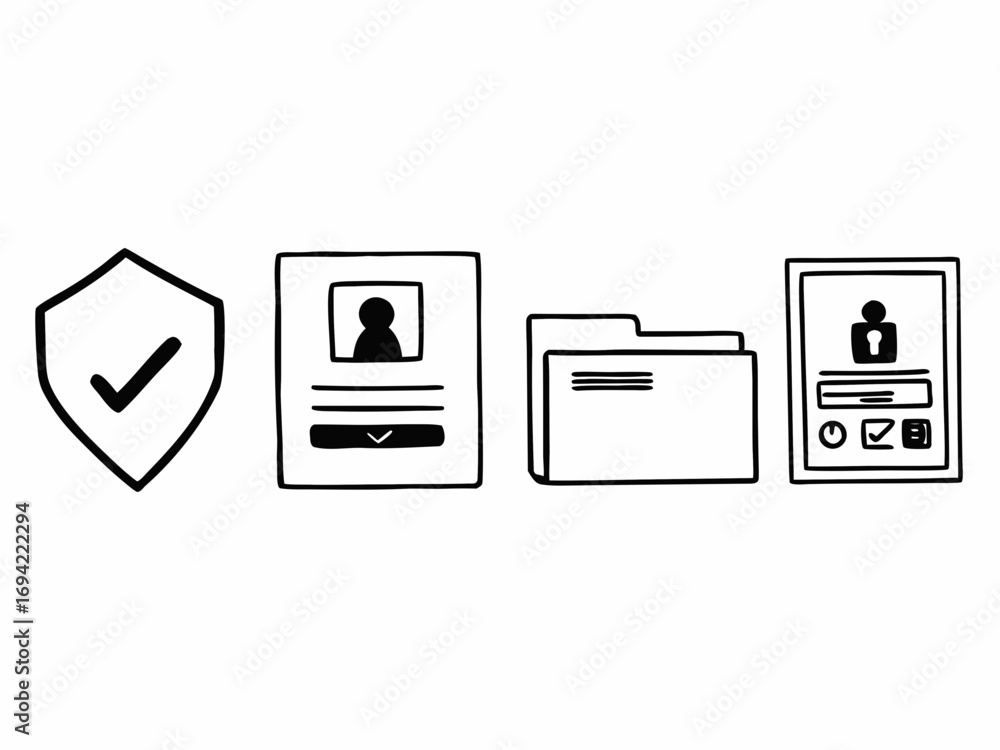 Poster hand drawn doodle icons representing security profile management data storage and user identity veri