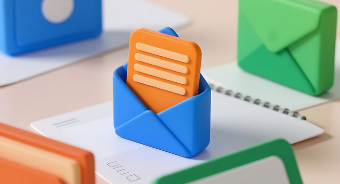 Colorful office supplies arranged on a desk with a focus on a blue envelope containing an orange note