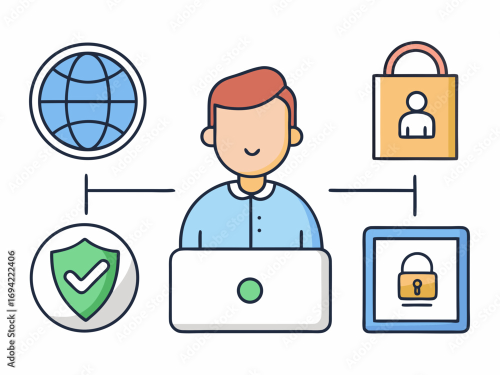 Poster person using a laptop connected to global network security and data protection icons representing on