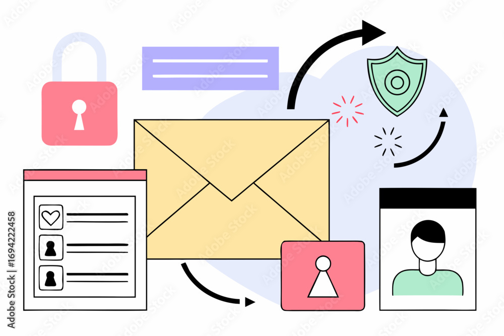 Poster secure email communication concept with locked envelope user profile shield and digital data flow ic