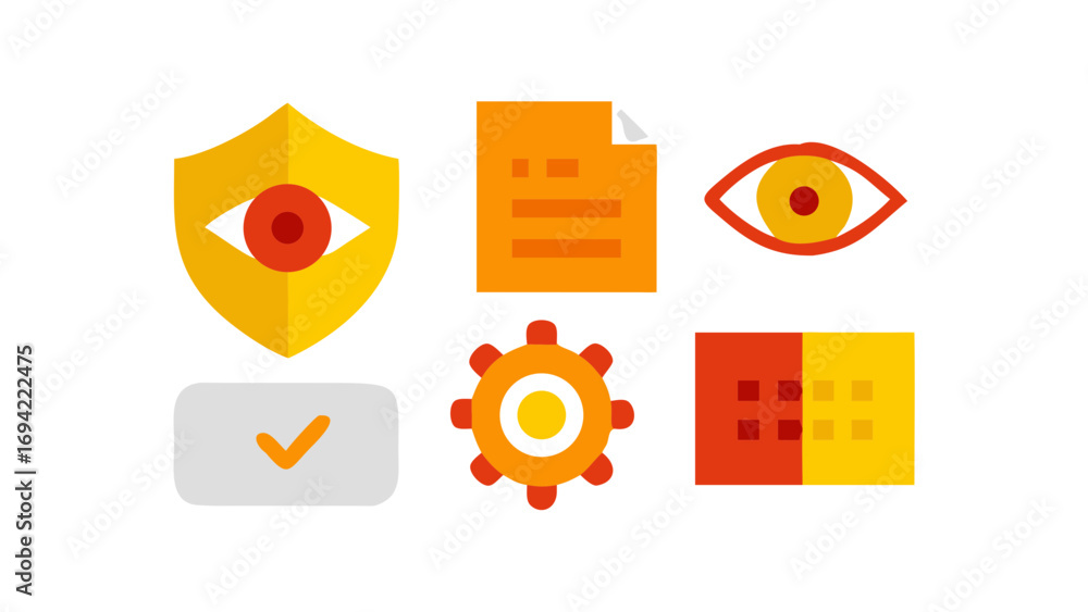 Poster set of flat design icons representing security privacy document eye gear and check mark on a black b