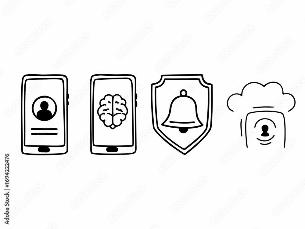 Aufkleber set of hand drawn icons representing user profile artificial intelligence security alert and cloud s