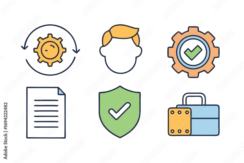 Poster set of flat design icons representing business concepts such as process workflow user profile approv