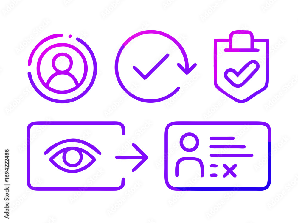 Poster set of modern gradient neon line icons representing user profile verification identity check and con