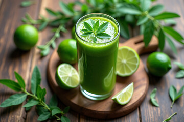 Neem juice detox shot in clear glass bottle with lime slices and herbs on rustic wooden board, surrounded by green leaves in natural sunlight wellness setting