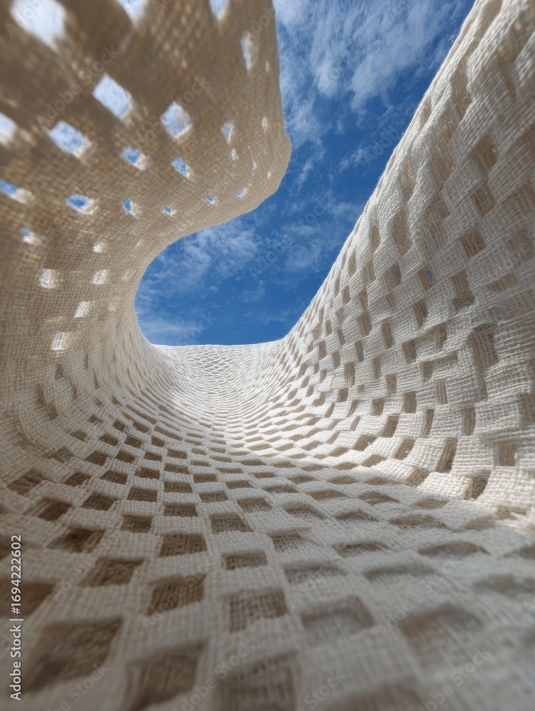 Poster curved woven structure against bright blue sky with soft clouds highlighting intricate design and te