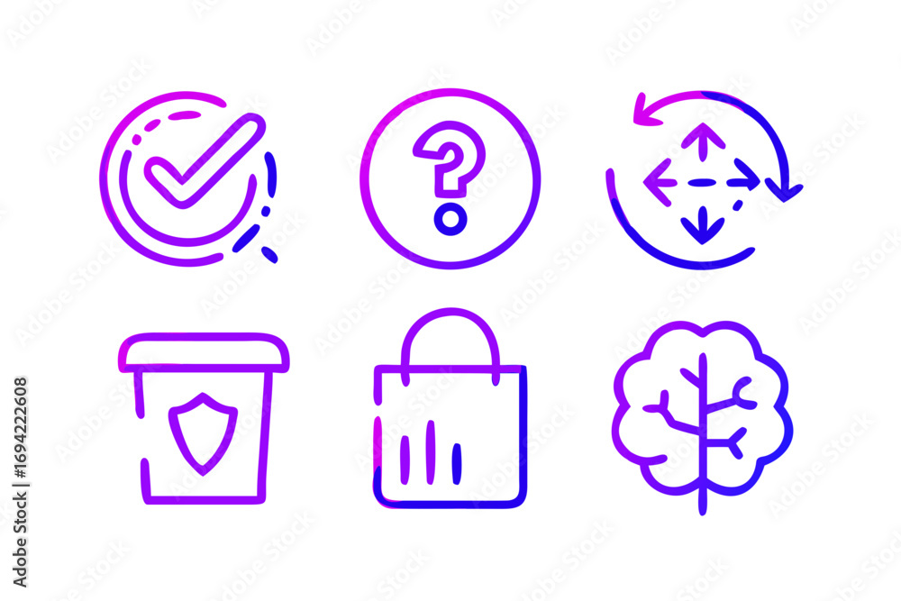 Aufkleber Set of six modern gradient outline icons representing a checklist question mark scaling arrows security shield shopping bag and brain on a black background