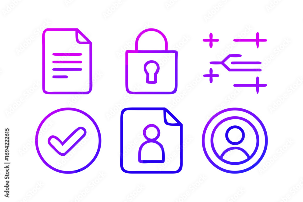 Aufkleber set of six modern gradient line icons representing document security user profile and checklist on a