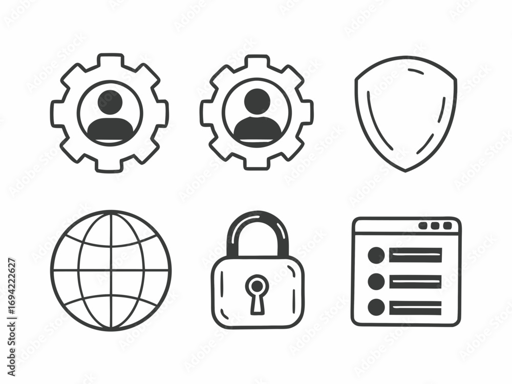 Poster set of six simple outline icons representing user management security global network and data manage