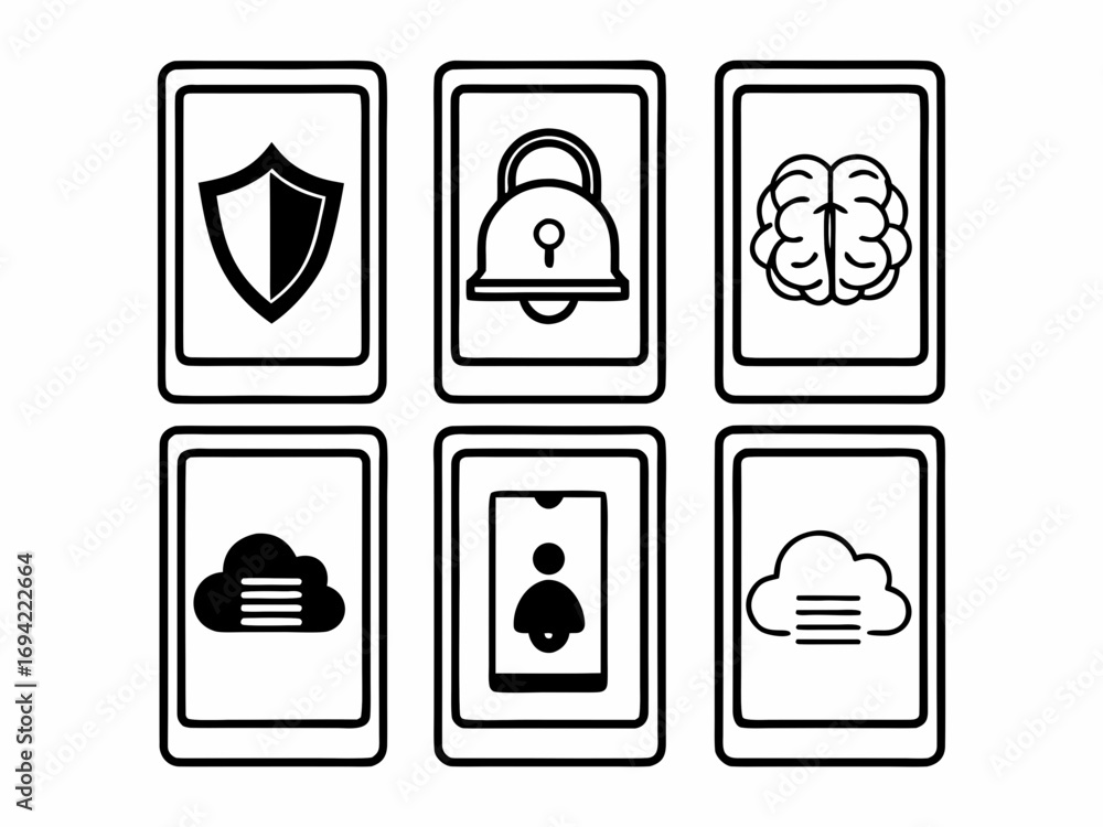 Poster six simple black and white icons representing security privacy intelligence and cloud services displ