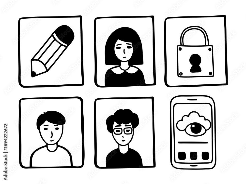 Poster simple hand drawn icons representing people writing security and technology in a grid layout
