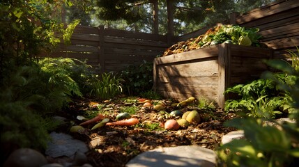 Organic composting bin in lush garden setting for sustainable living and waste reduction backyard compost heap